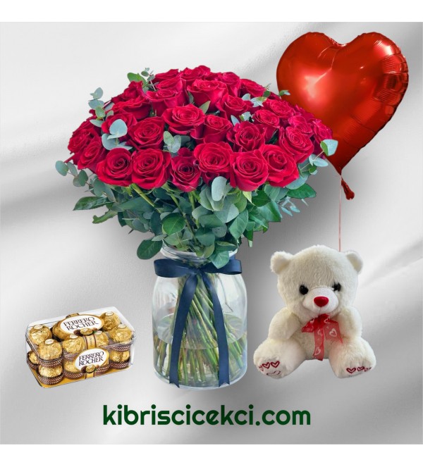 Vazoda 51 Kırmızı Gül Ayıcık 16'lı Ferrero Çikolata Kalp Helyum Balon